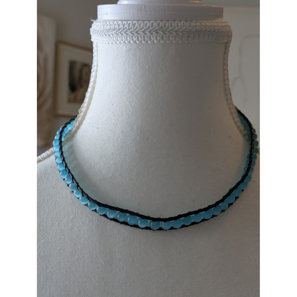 Aqua Whimsical Choker Necklace Translucent Blue Beads Cord Chain 14in
